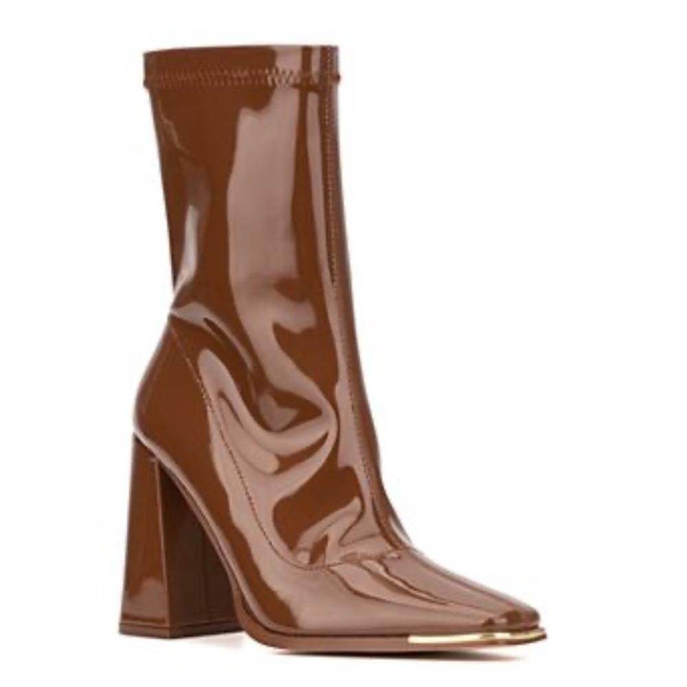 NY&C Patent Brown Heeled Boots Metallic Toe Square Toe Mod Boots Size 8.5
